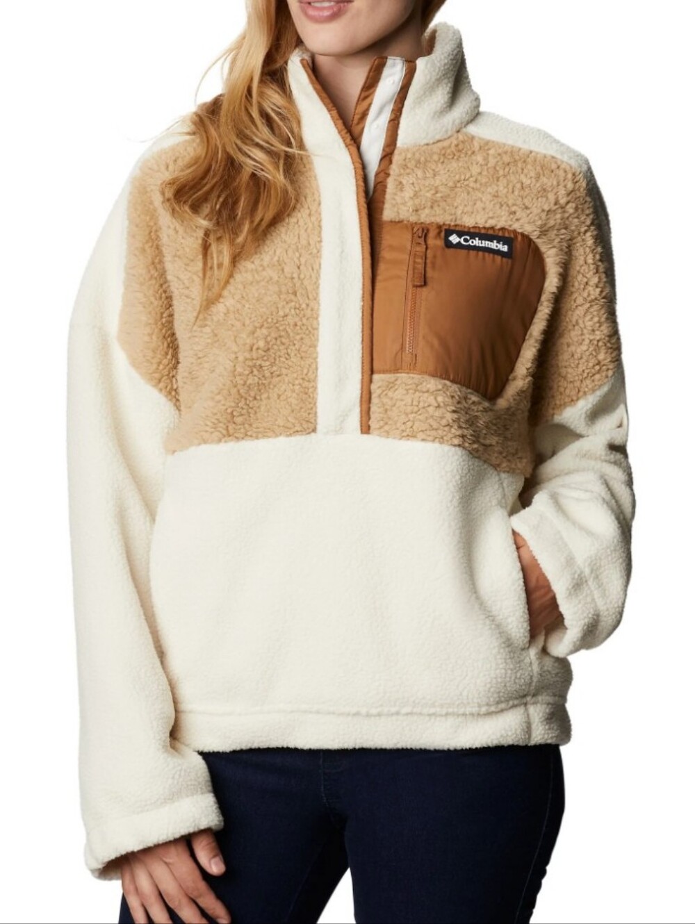 Columbia Sherpa Fleece Quarter Zip Pullover Cream Tan Colorblock Cozy Outdoor XL